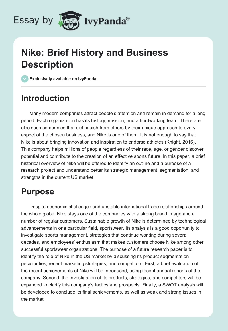 Nike: Brief History and Business Description. Page 1