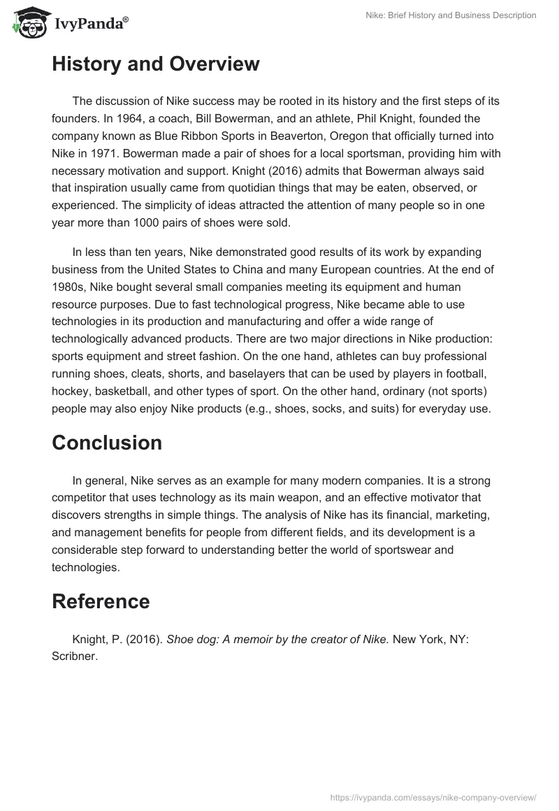 Nike: Brief History and Business Description. Page 2