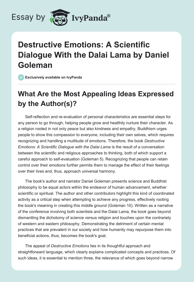 "Destructive Emotions: A Scientific Dialogue With the Dalai Lama" by Daniel Goleman. Page 1