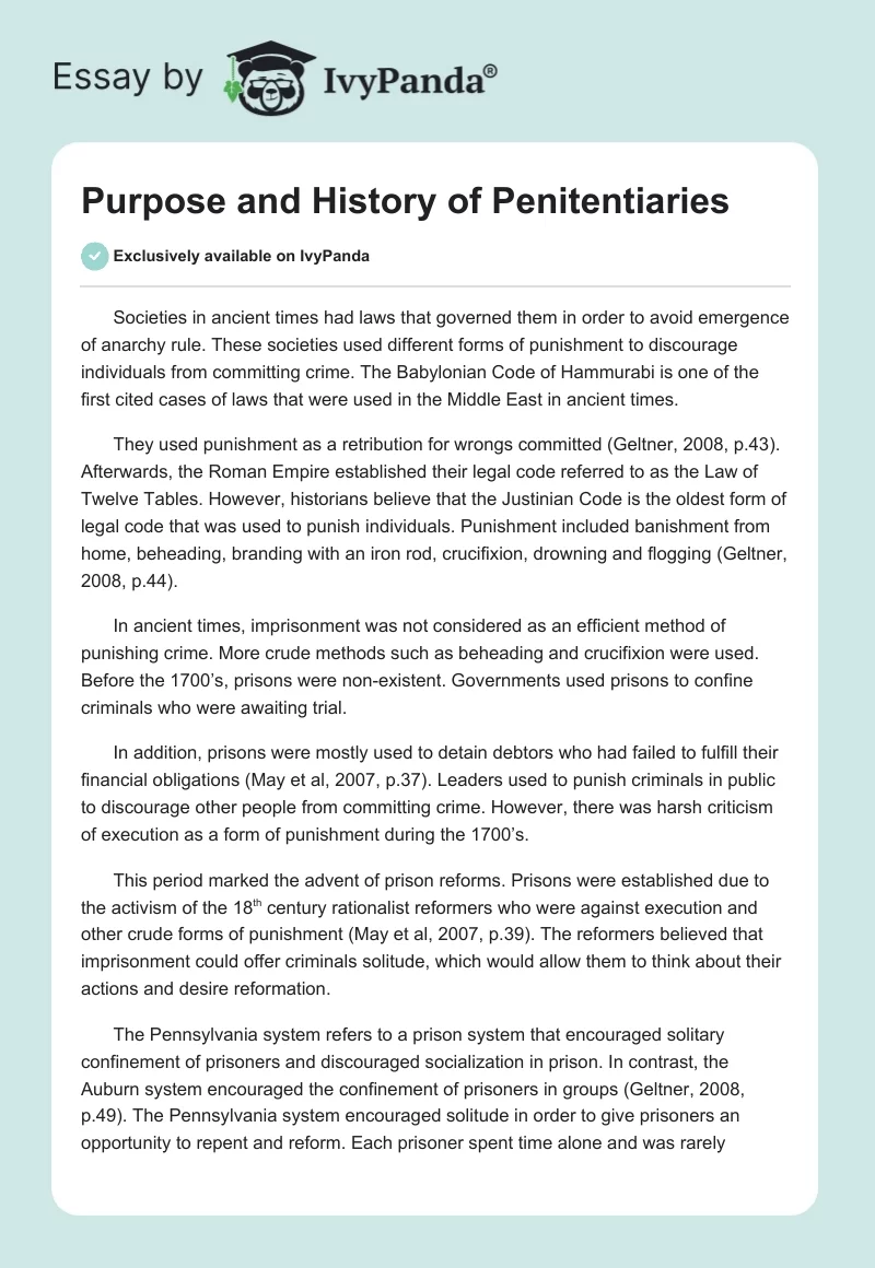 Purpose and History of Penitentiaries. Page 1