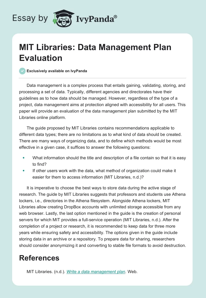 MIT Libraries: Data Management Plan Evaluation. Page 1