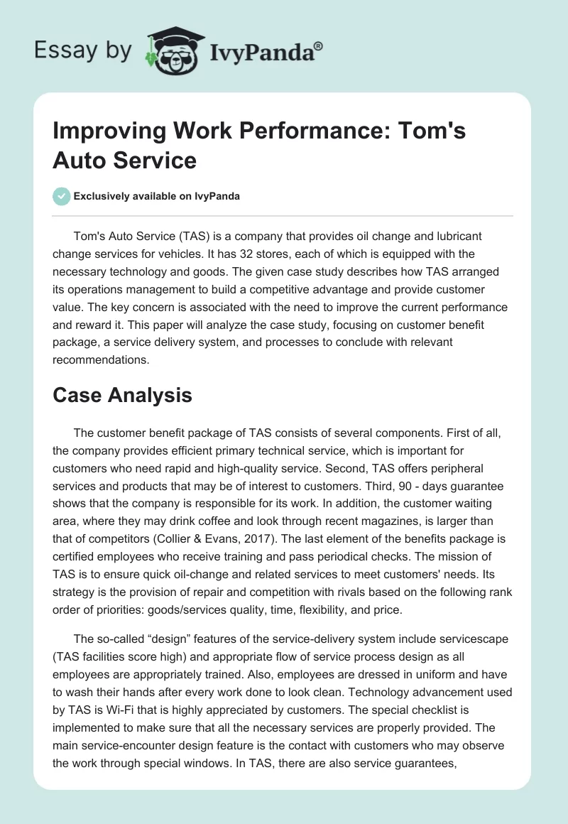 Improving Work Performance: Tom's Auto Service. Page 1