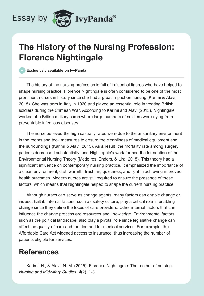 The History of the Nursing Profession: Florence Nightingale. Page 1