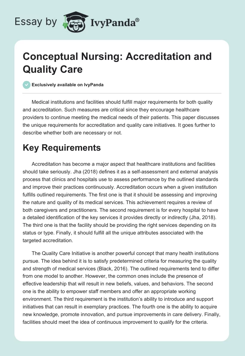 Conceptual Nursing: Accreditation and Quality Care. Page 1