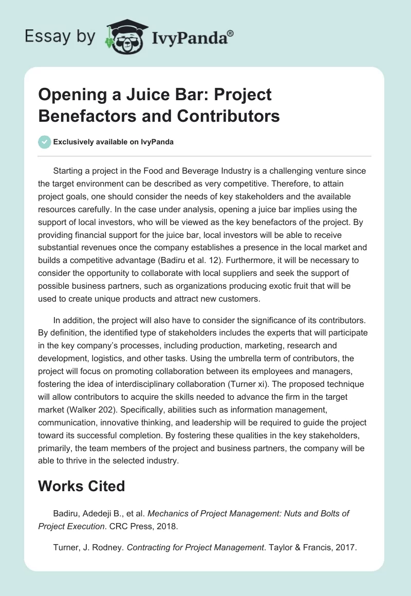 Opening a Juice Bar: Project Benefactors and Contributors. Page 1