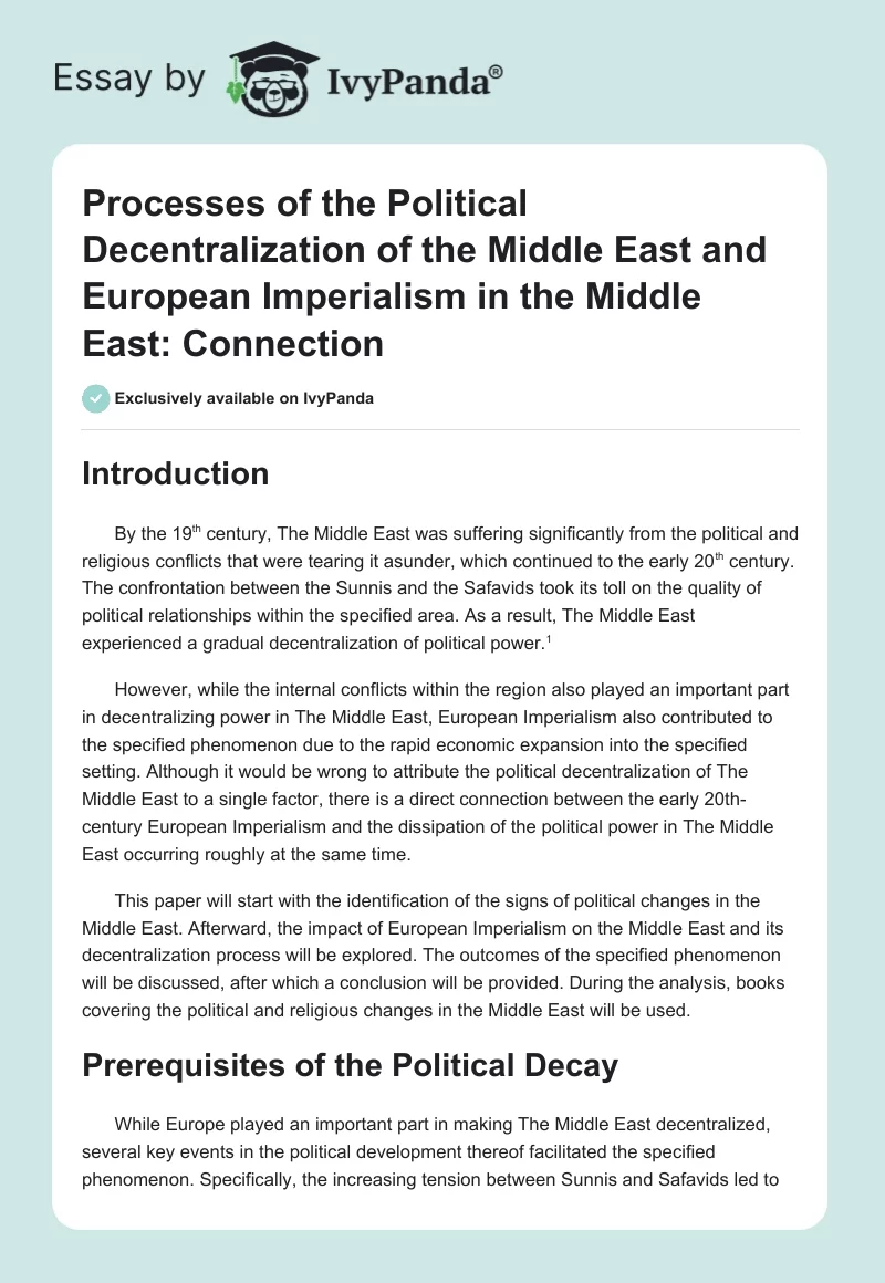 Processes of the Political Decentralization of the Middle East and European Imperialism in the Middle East: Connection. Page 1
