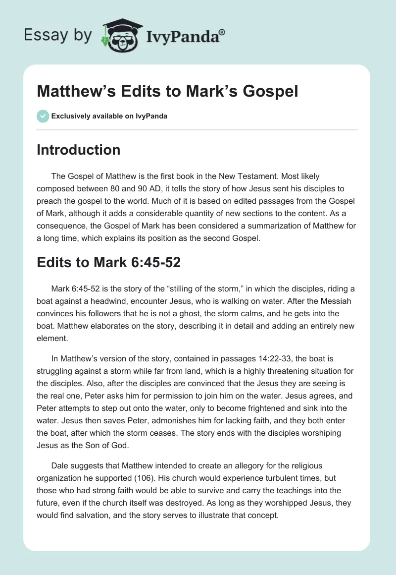 Matthew’s Edits to Mark’s Gospel. Page 1
