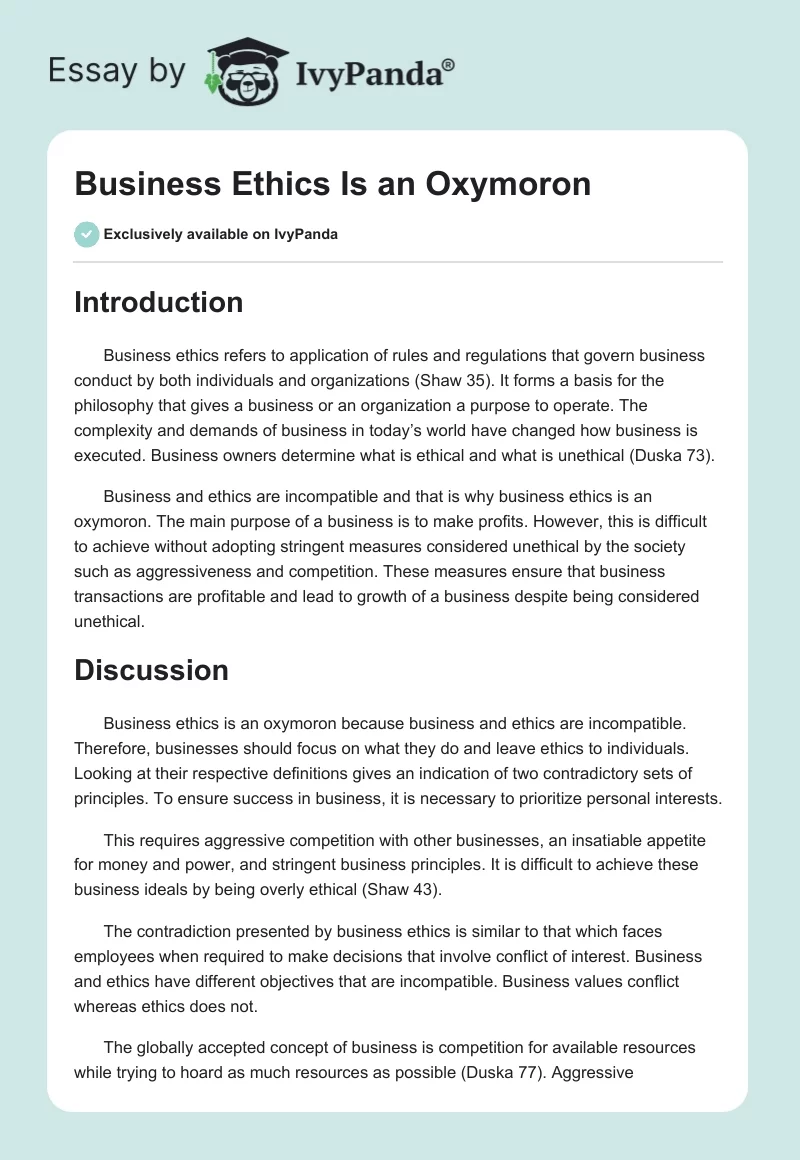 Is Business Ethics an Oxymoron. Page 1