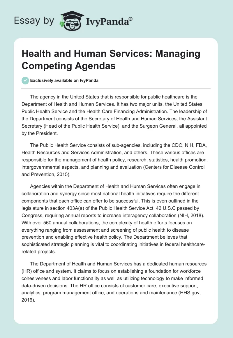 Health and Human Services: Managing Competing Agendas. Page 1