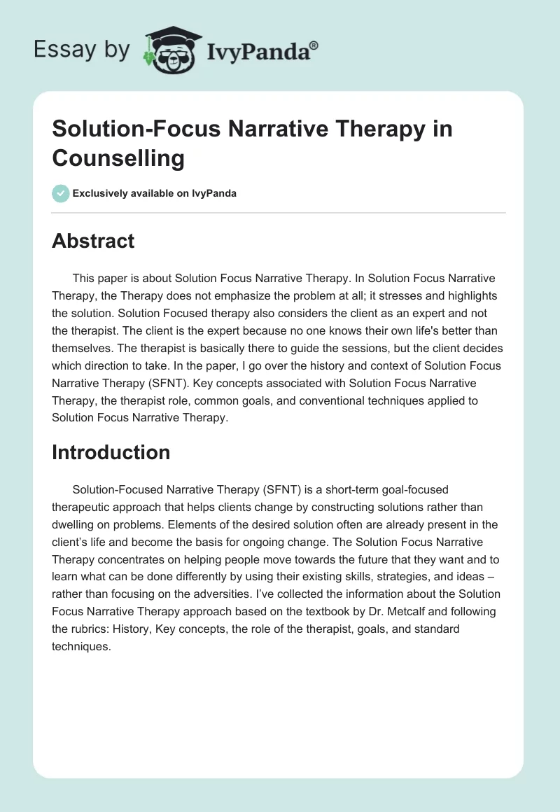 Solution-Focus Narrative Therapy in Counselling. Page 1