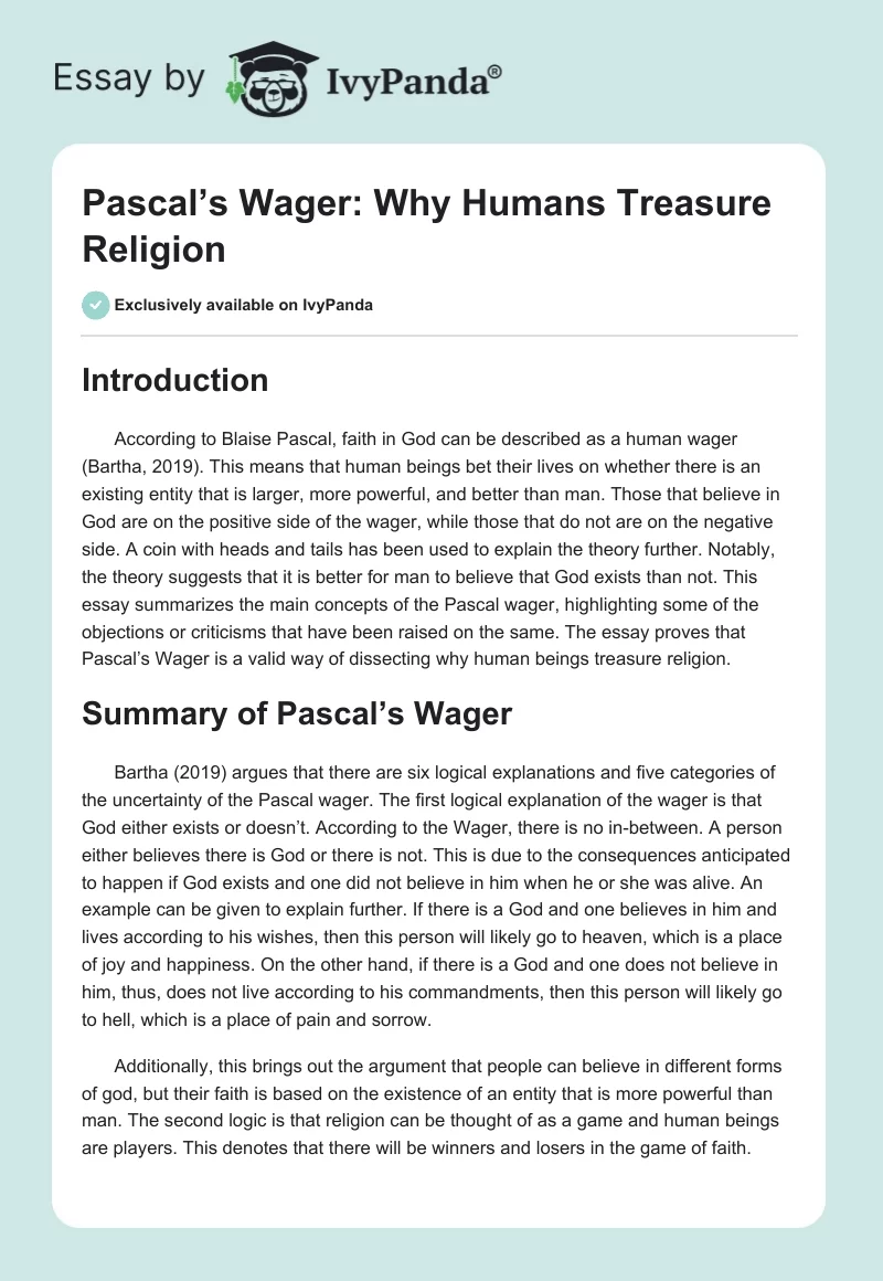 Pascal’s Wager: Why Humans Treasure Religion. Page 1