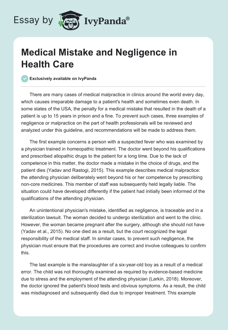 Medical Mistake and Negligence in Health Care. Page 1