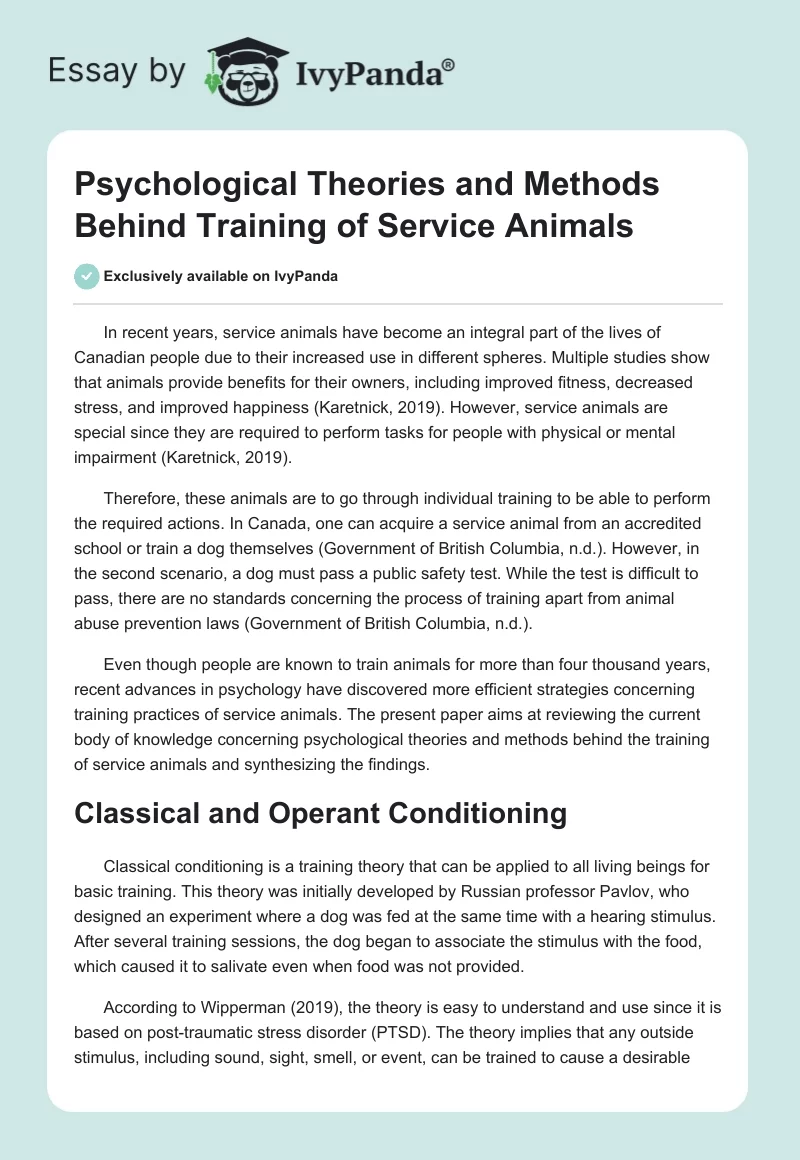 Psychological Theories and Methods Behind Training of Service Animals. Page 1