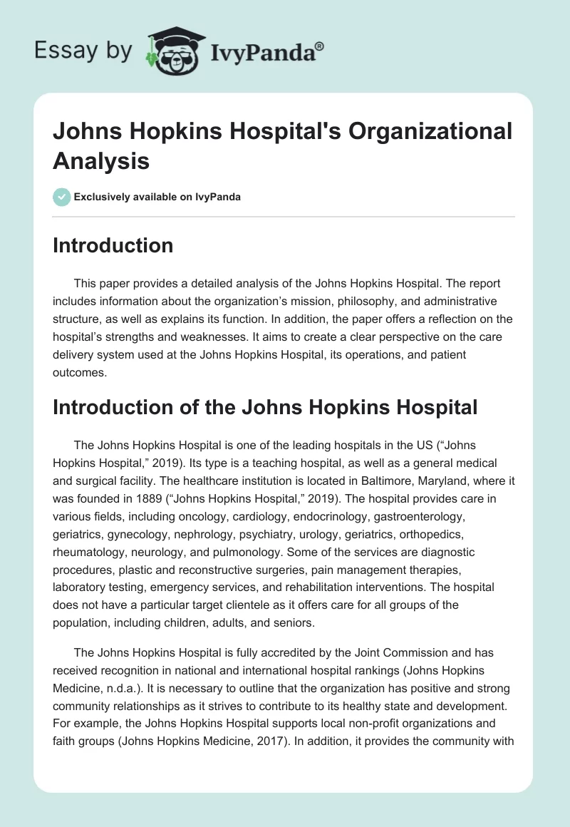 Johns Hopkins Hospital's Organizational Analysis. Page 1
