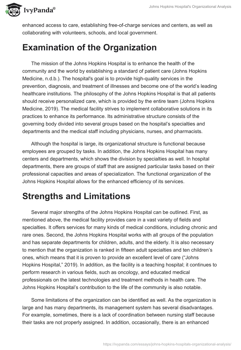 Johns Hopkins Hospital's Organizational Analysis. Page 2
