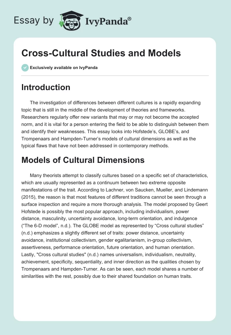 Cross-Cultural Studies and Models. Page 1