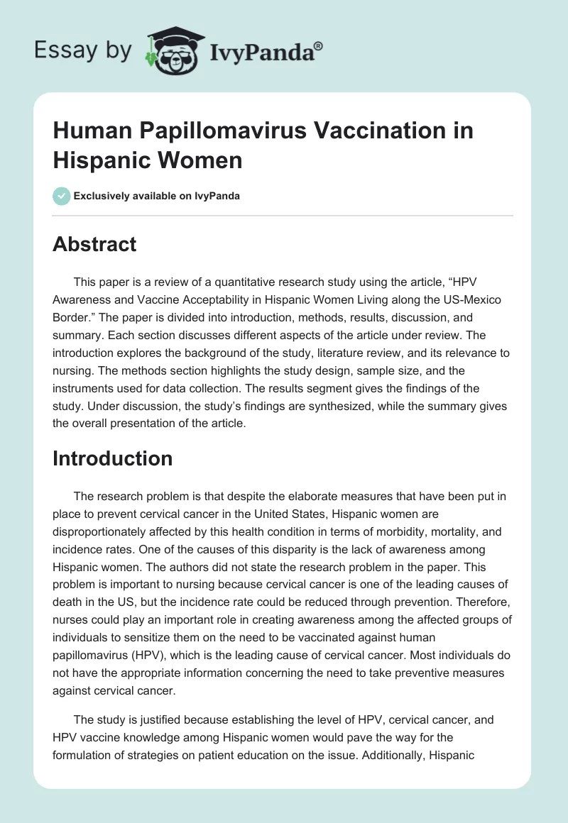 Human Papillomavirus Vaccination in Hispanic Women. Page 1