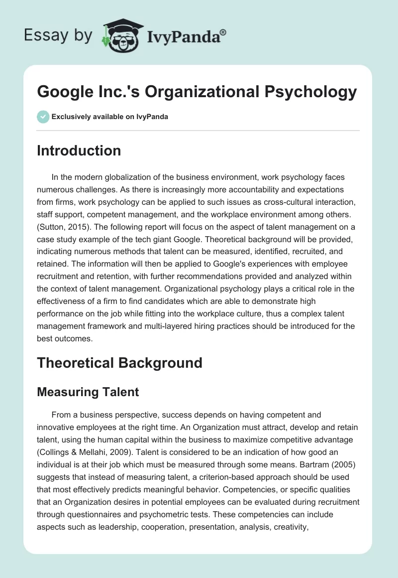 Google Inc.'s Organizational Psychology. Page 1