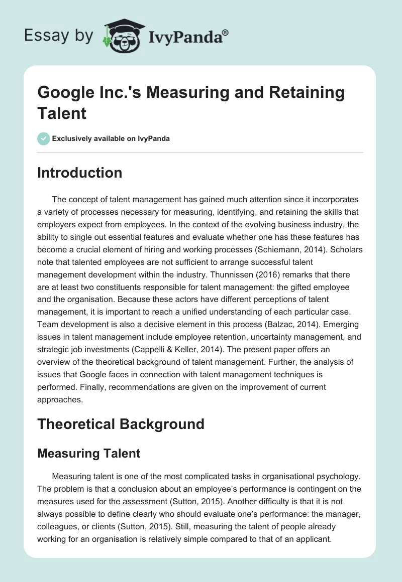 Google Inc.'s Measuring and Retaining Talent. Page 1