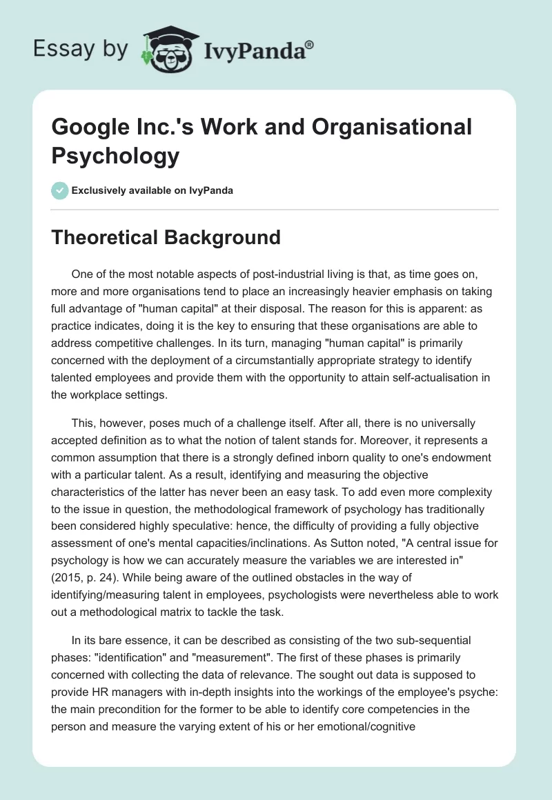 Google Inc.'s Work and Organisational Psychology. Page 1