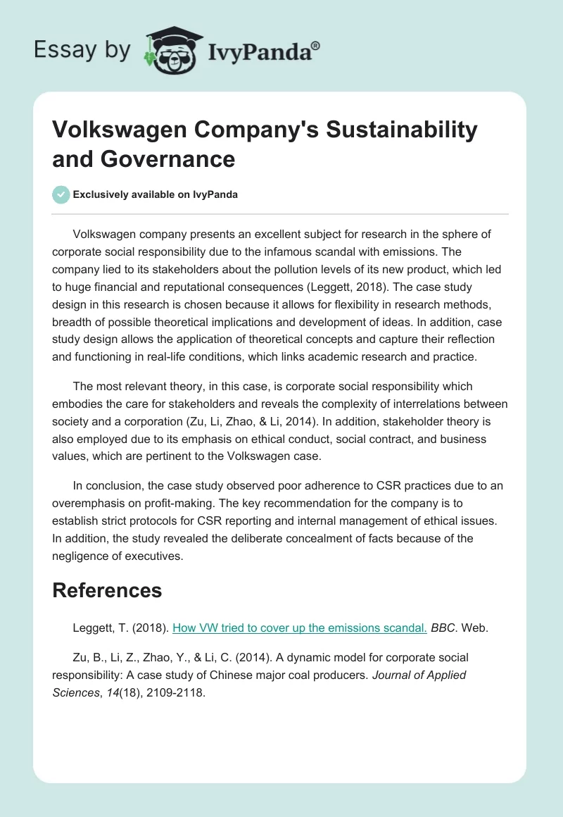 Volkswagen Company's Sustainability and Governance. Page 1