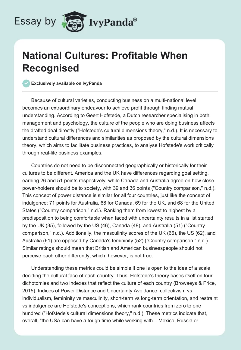 National Cultures: Profitable When Recognised. Page 1