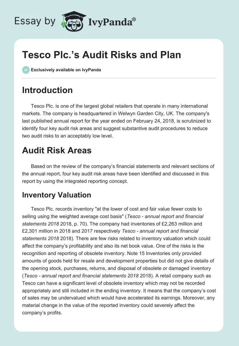 Tesco Plc.’s Audit Risks and Plan. Page 1