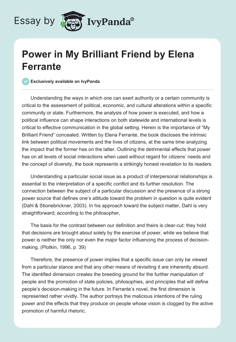 Power in "My Brilliant Friend" by Elena Ferrante. Page 1