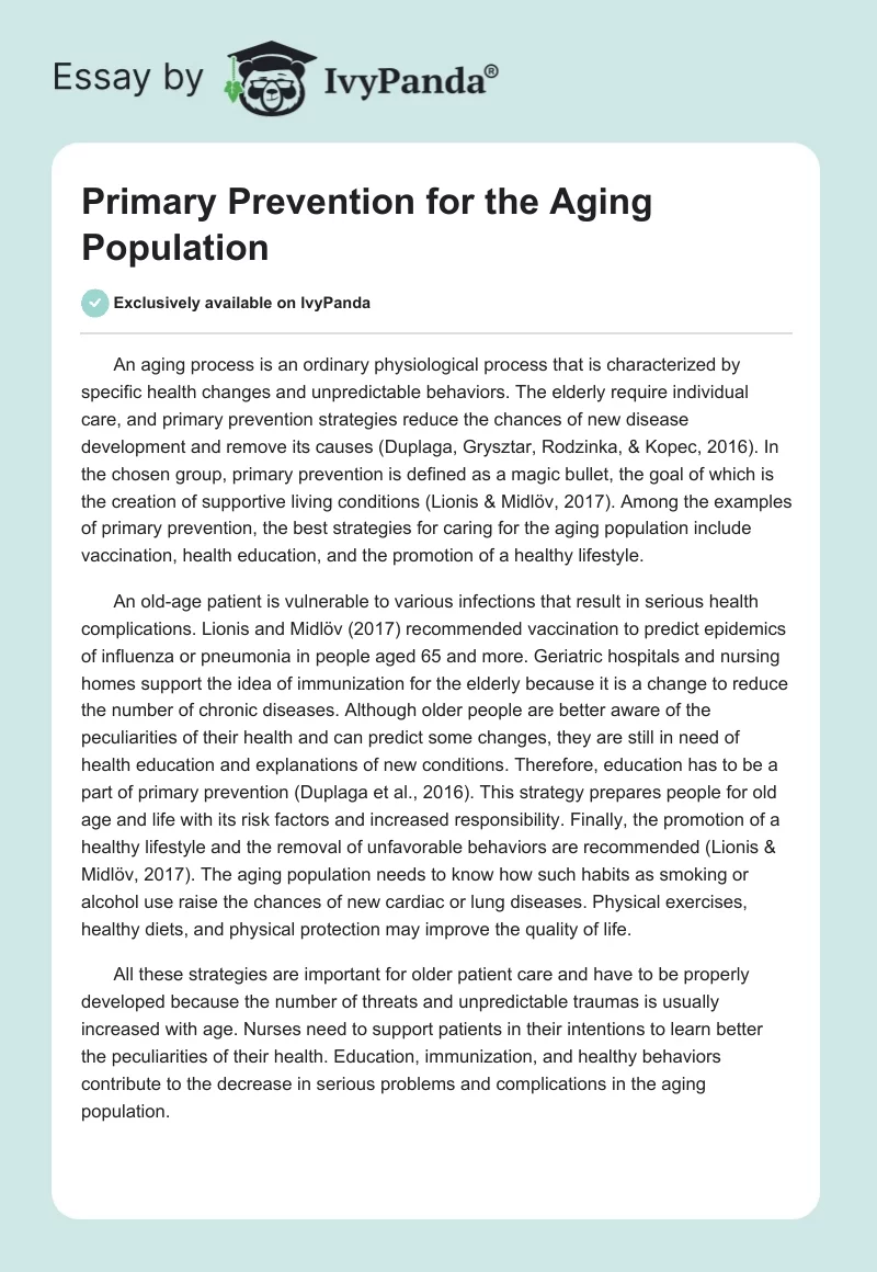Primary Prevention for the Aging Population. Page 1