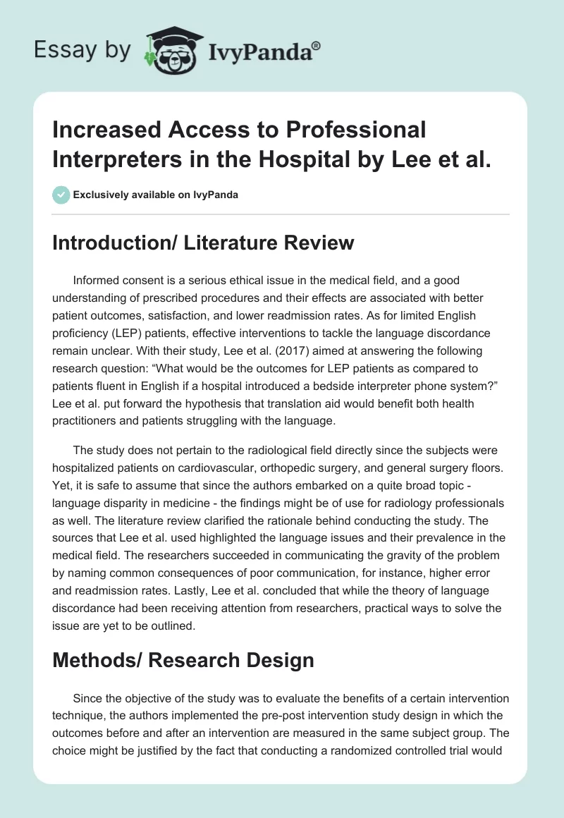 "Increased Access to Professional Interpreters in the Hospital" by Lee et al.. Page 1