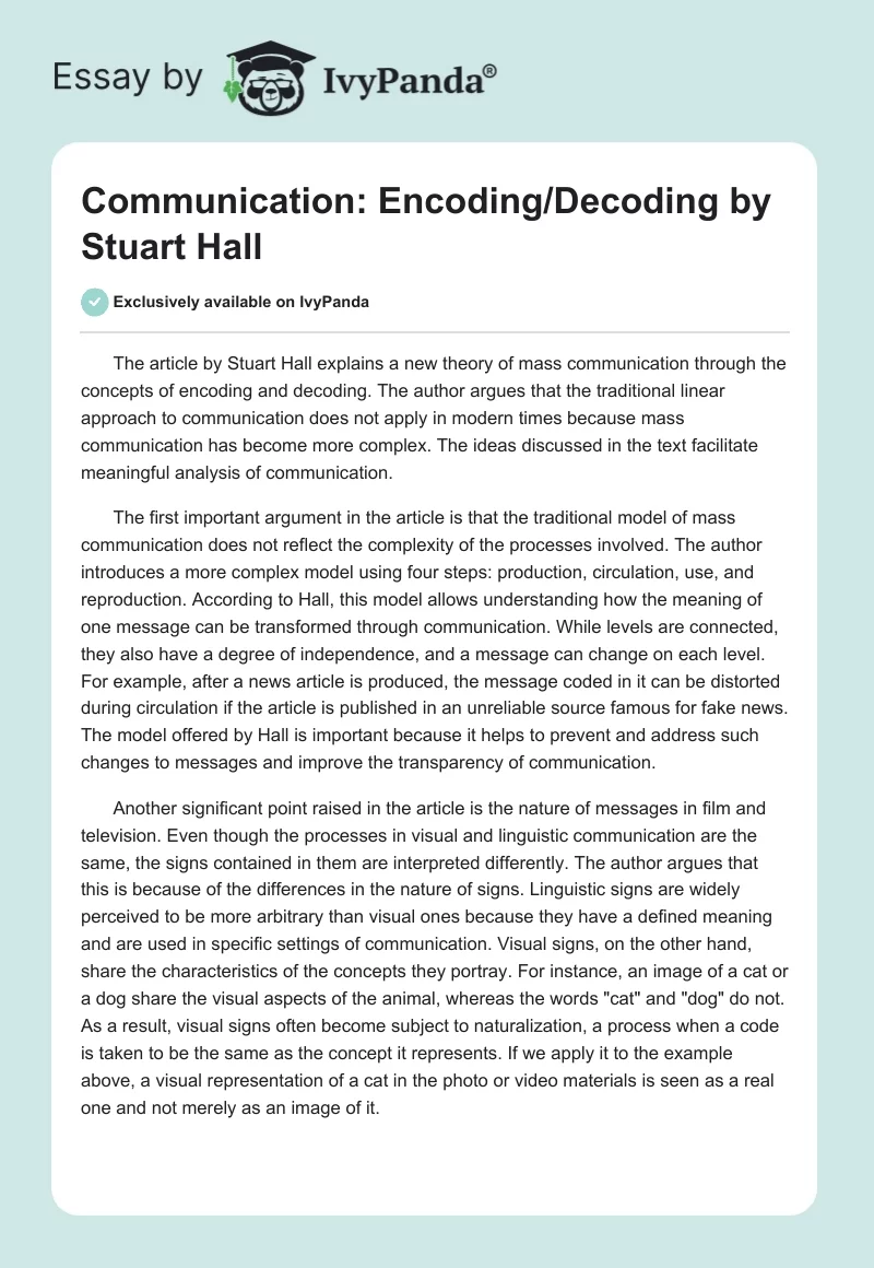 Communication: "Encoding/Decoding" by Stuart Hall. Page 1