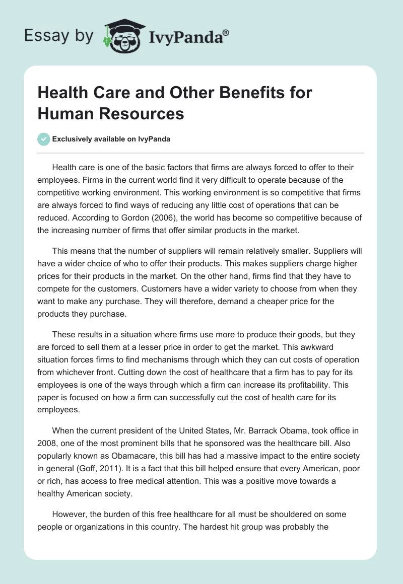 Health Care and Other Benefits for Human Resources. Page 1