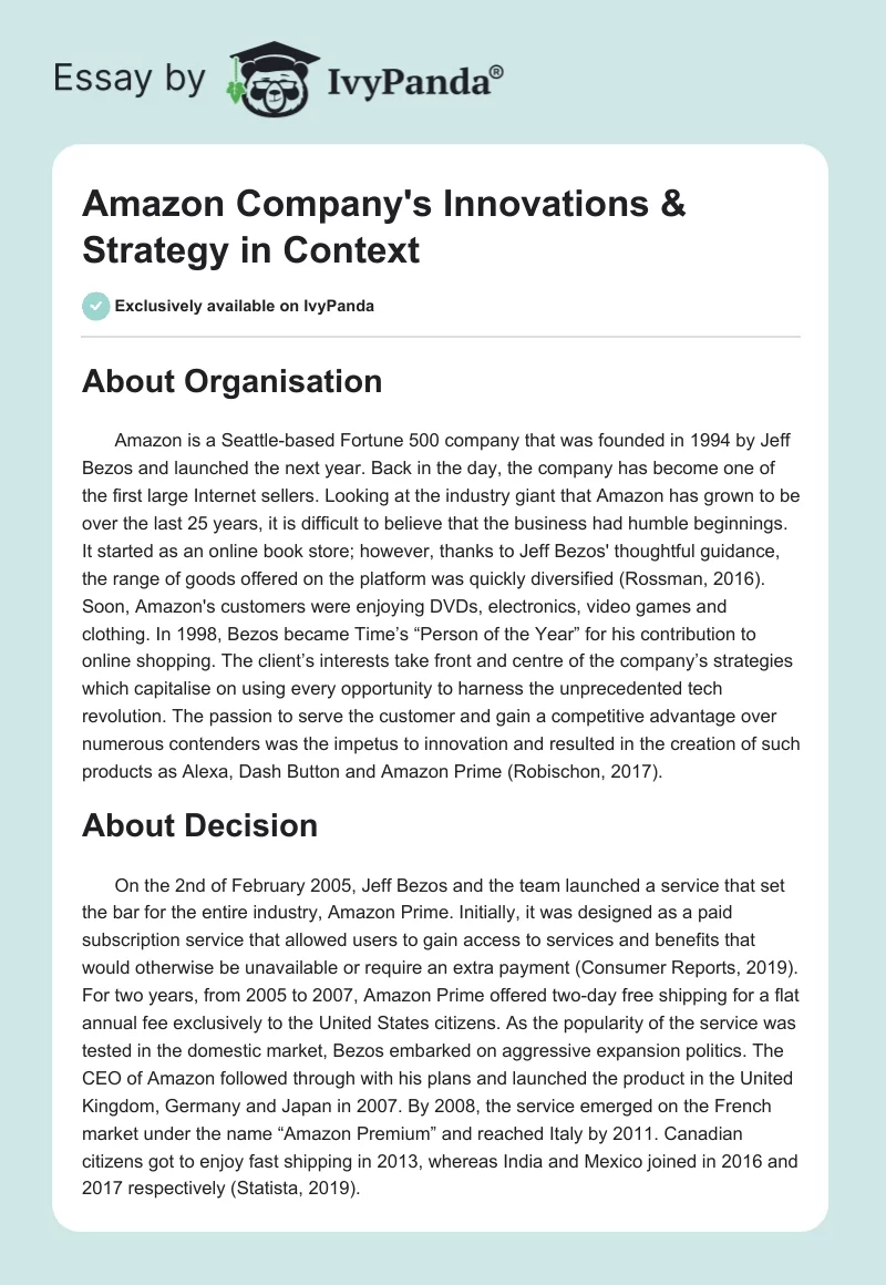 Amazon Company's Innovations & Strategy in Context. Page 1