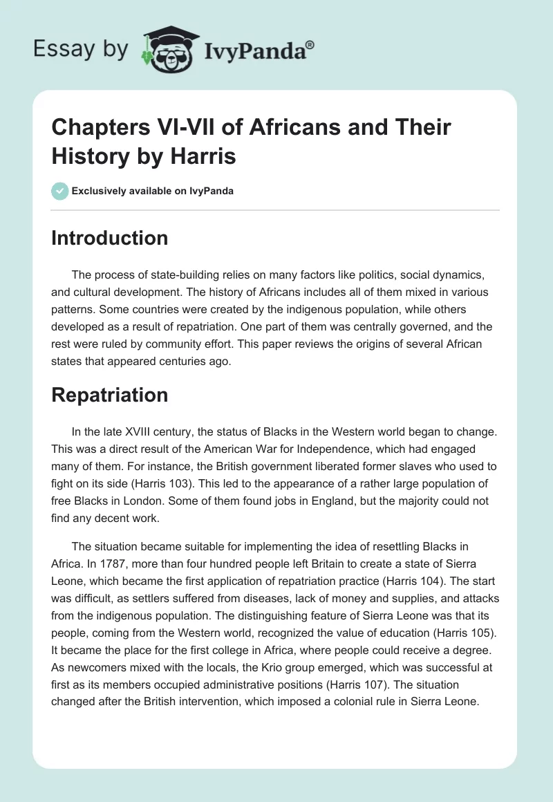 Chapters VI-VII of "Africans and Their History" by Harris. Page 1