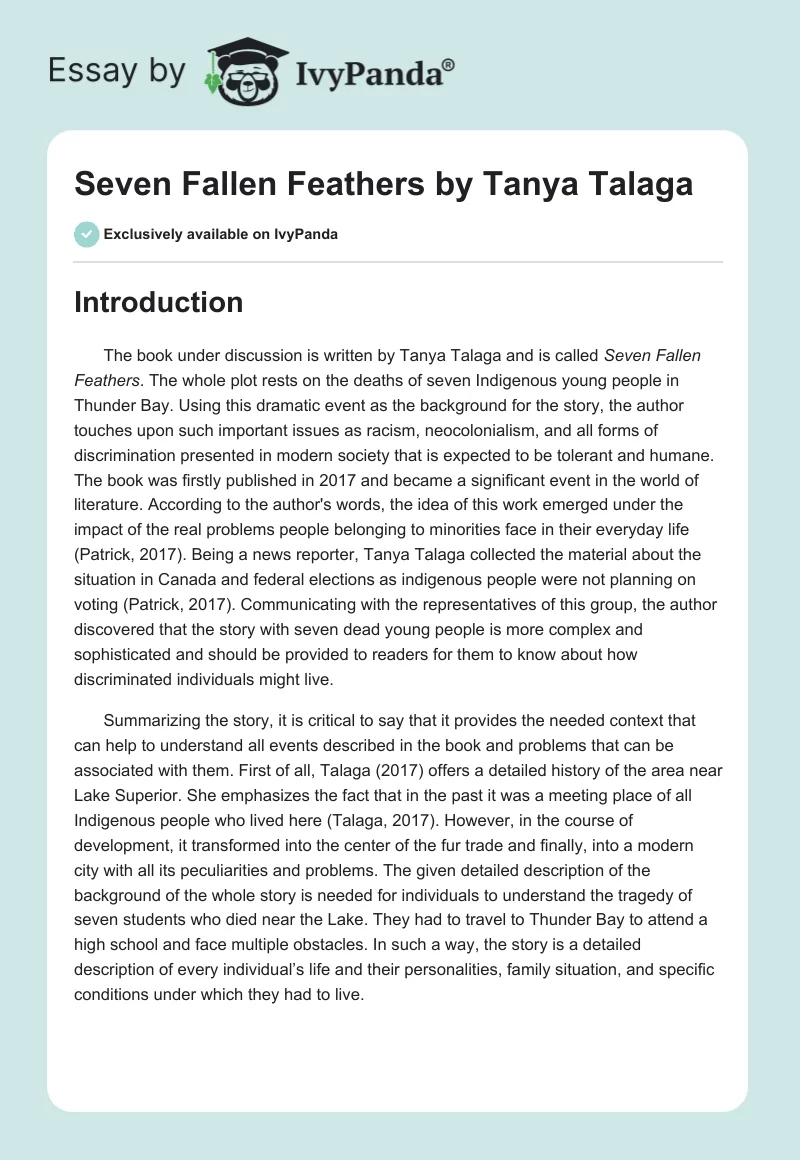 "Seven Fallen Feathers" by Tanya Talaga. Page 1