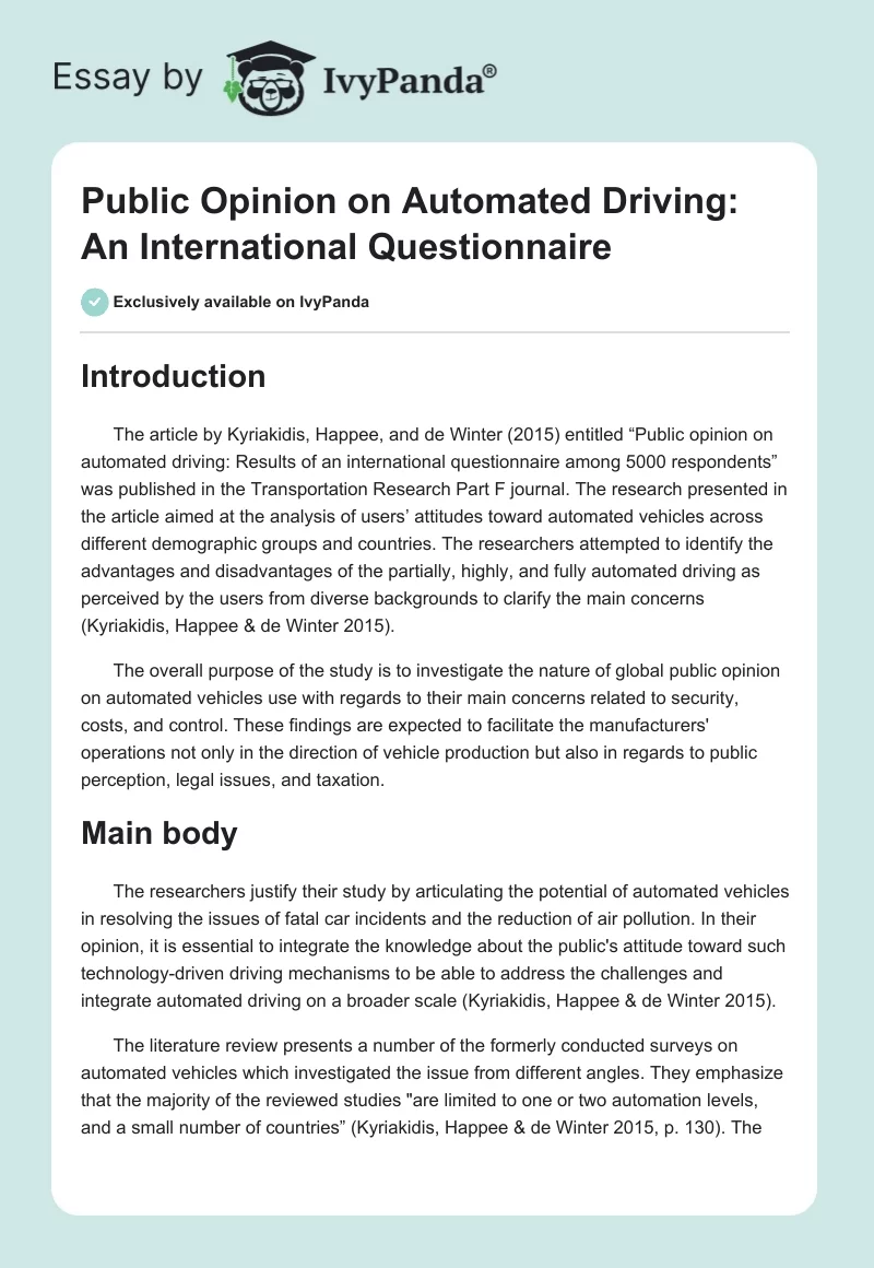 Public Opinion on Automated Driving: An International Questionnaire. Page 1