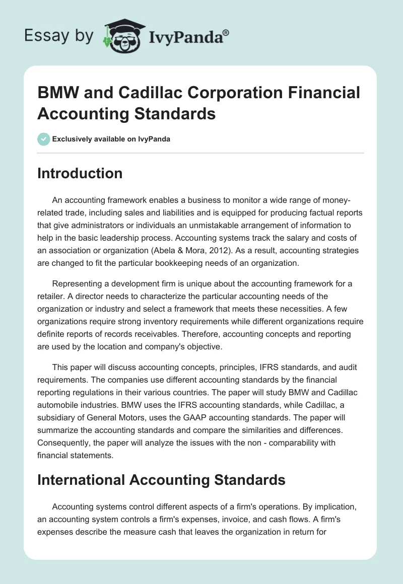 BMW and Cadillac Corporation Financial Accounting Standards. Page 1