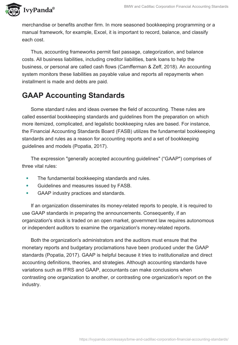 BMW and Cadillac Corporation Financial Accounting Standards. Page 2