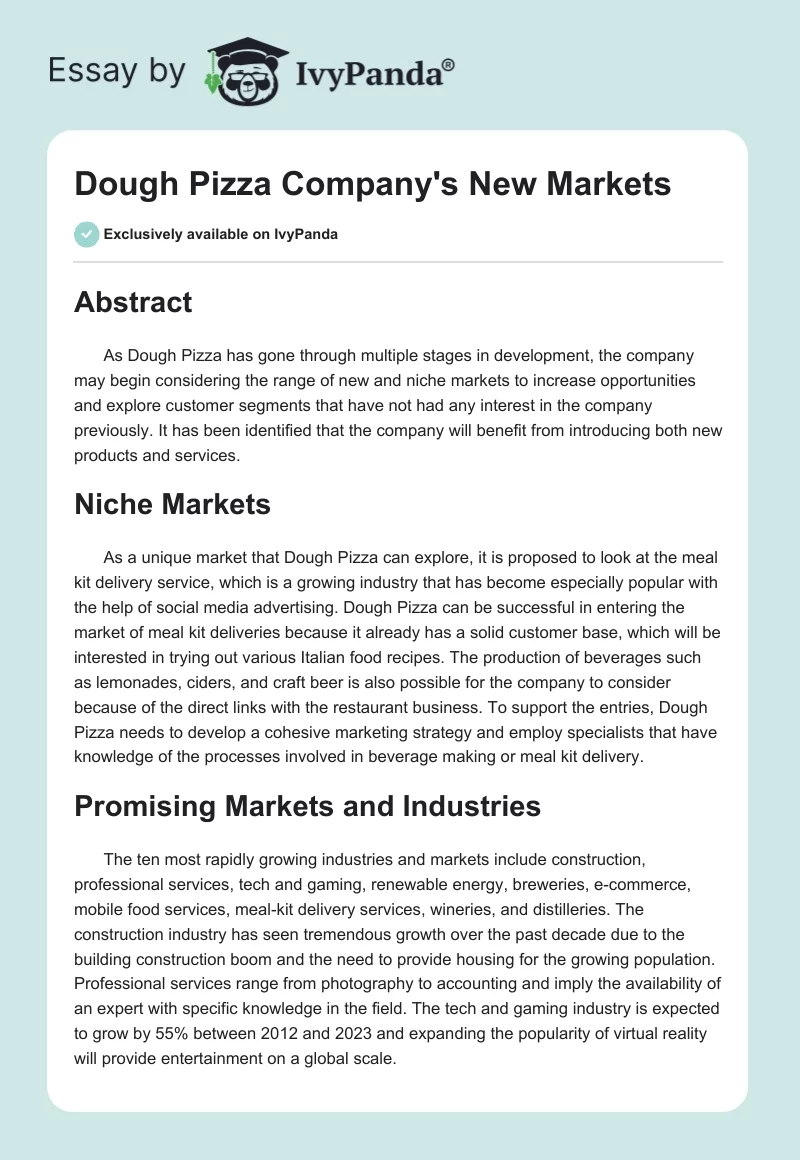 Dough Pizza Company's New Markets. Page 1