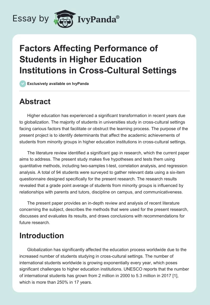 Factors Affecting Performance of Students in Higher Education Institutions in Cross-Cultural Settings. Page 1