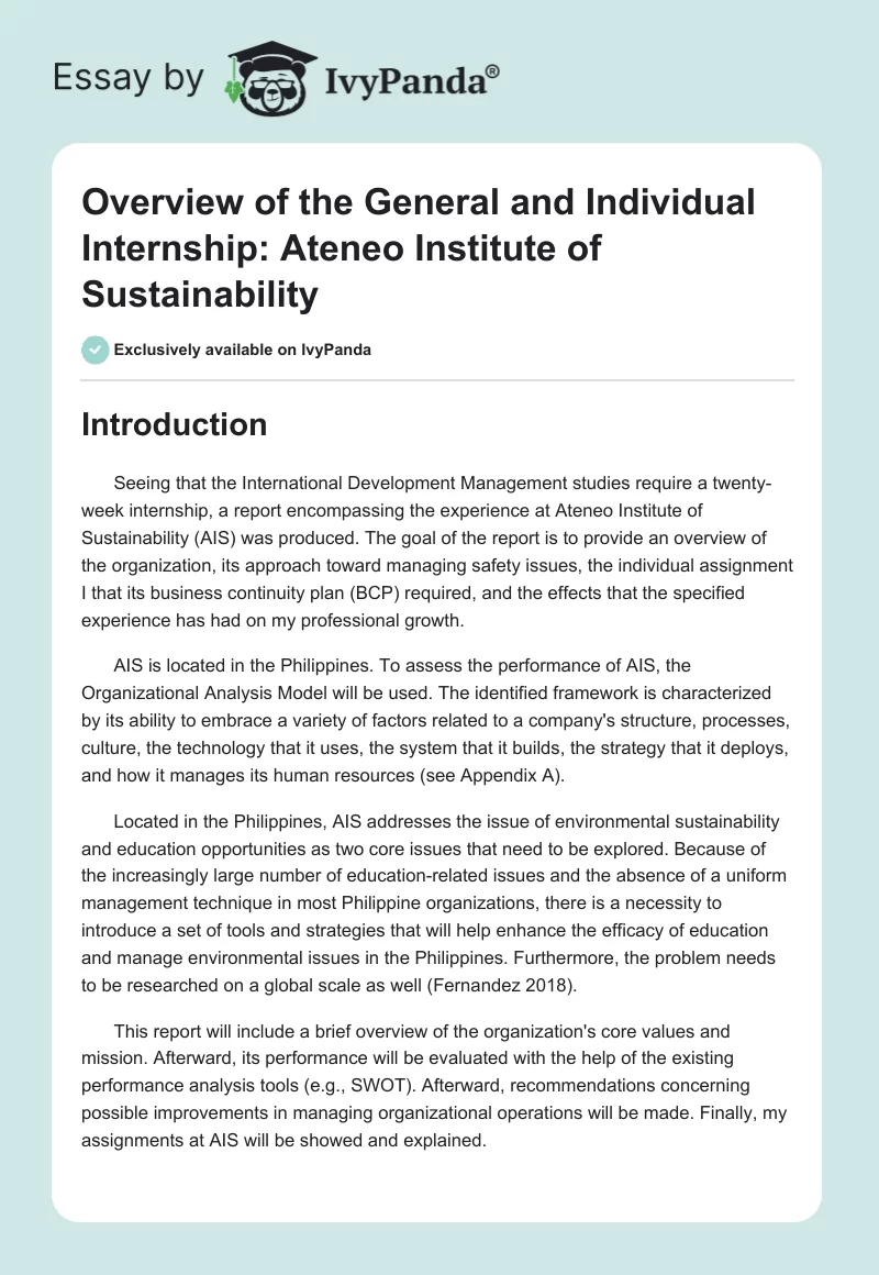 Overview of the General and Individual Internship: Ateneo Institute of Sustainability. Page 1