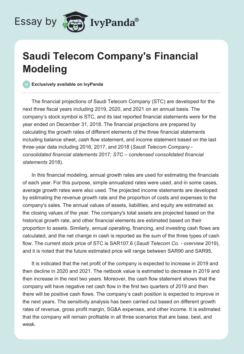 Saudi Telecom Company's Financial Modeling. Page 1