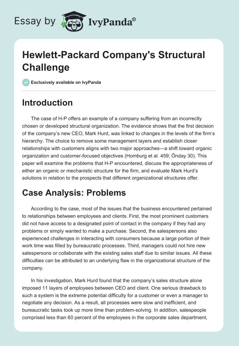 Hewlett-Packard Company's Structural Challenge. Page 1
