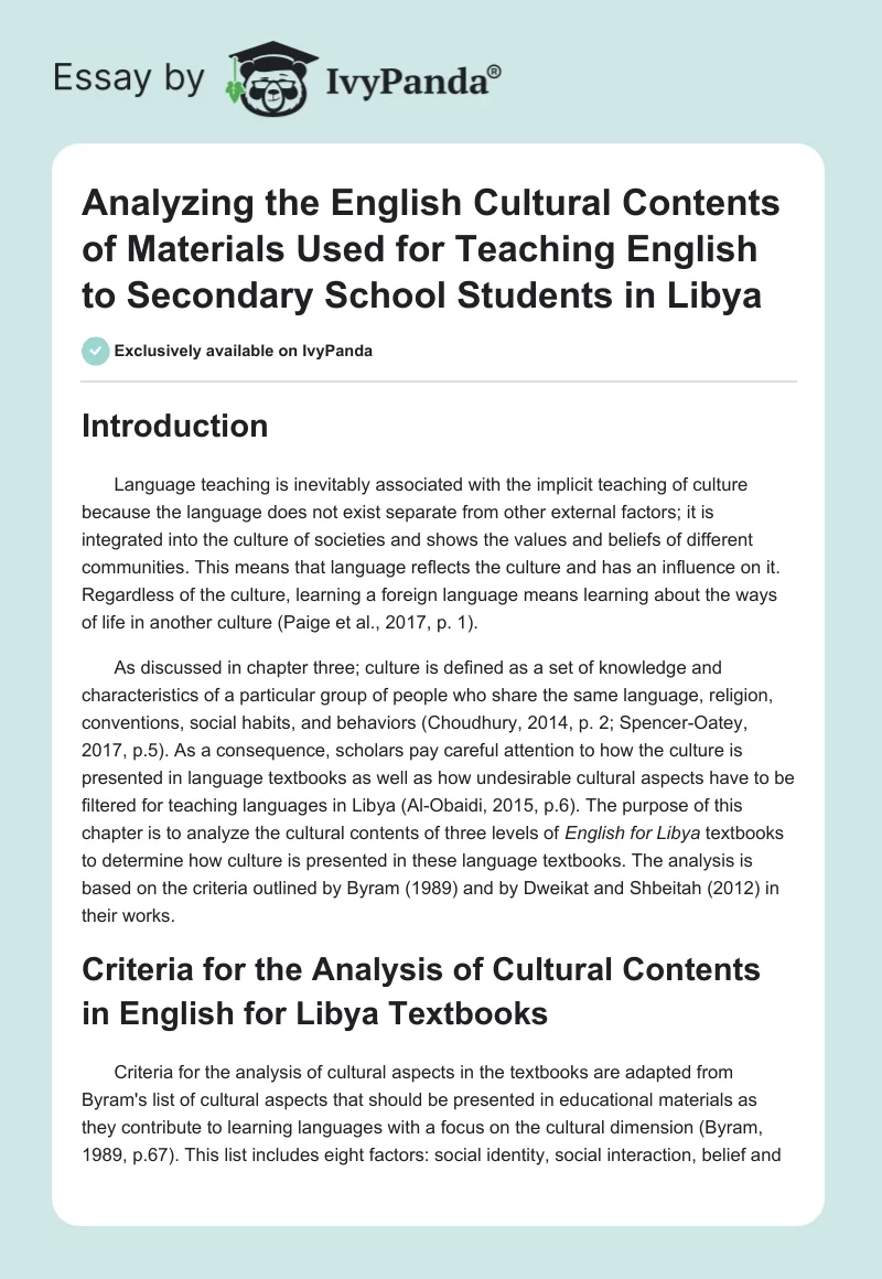 Analyzing the English Cultural Contents of Materials Used for Teaching English to Secondary School Students in Libya. Page 1