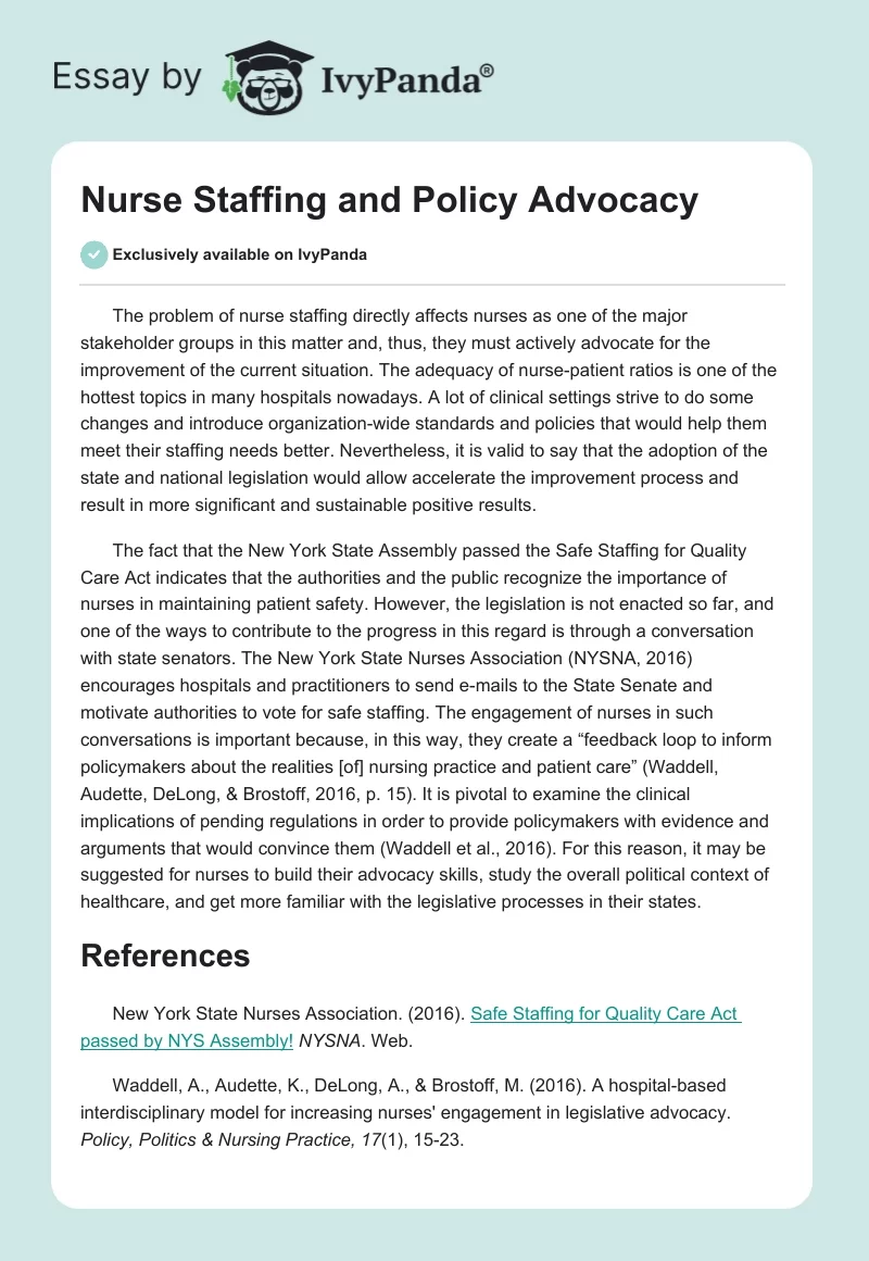 Nurse Staffing and Policy Advocacy. Page 1