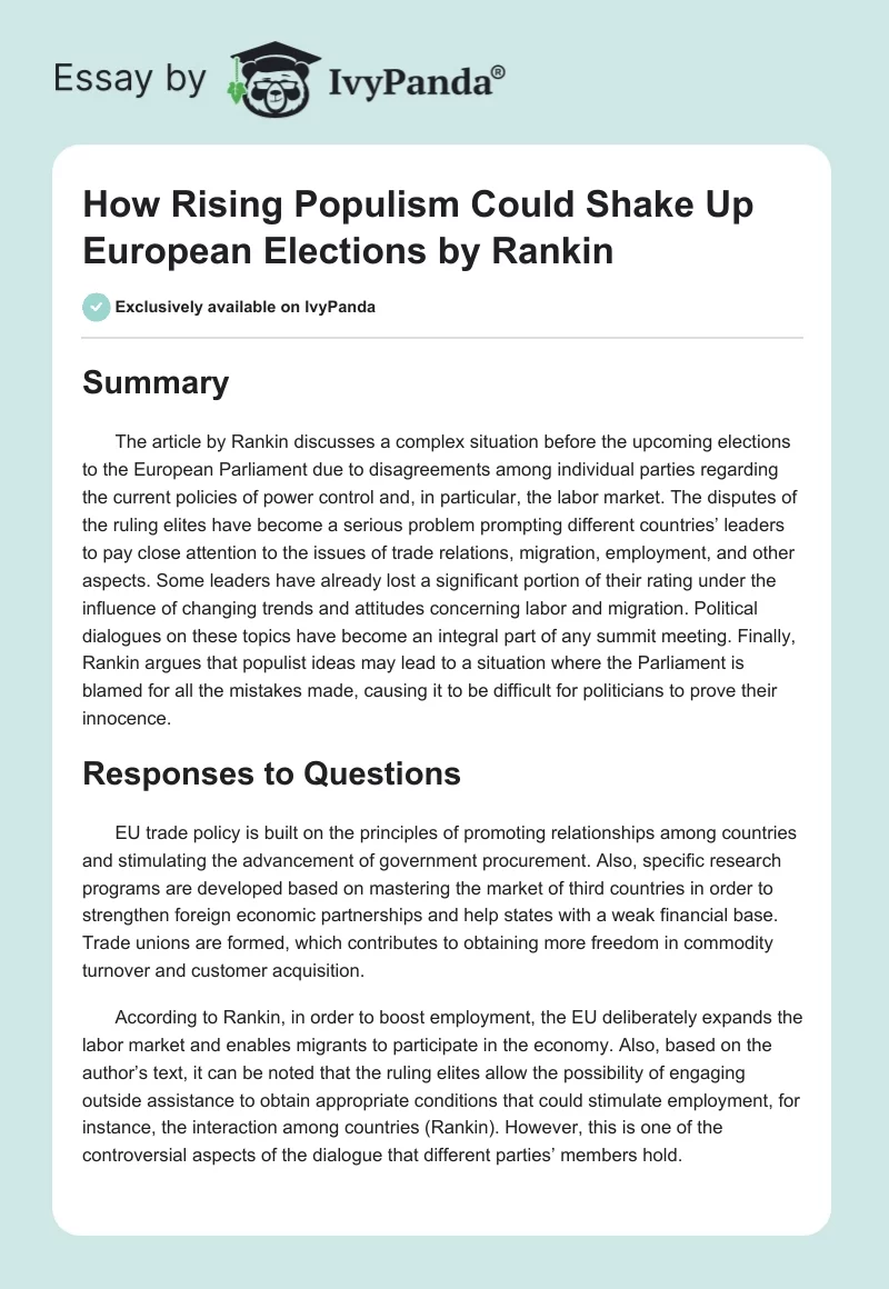 "How Rising Populism Could Shake Up European Elections" by Rankin. Page 1