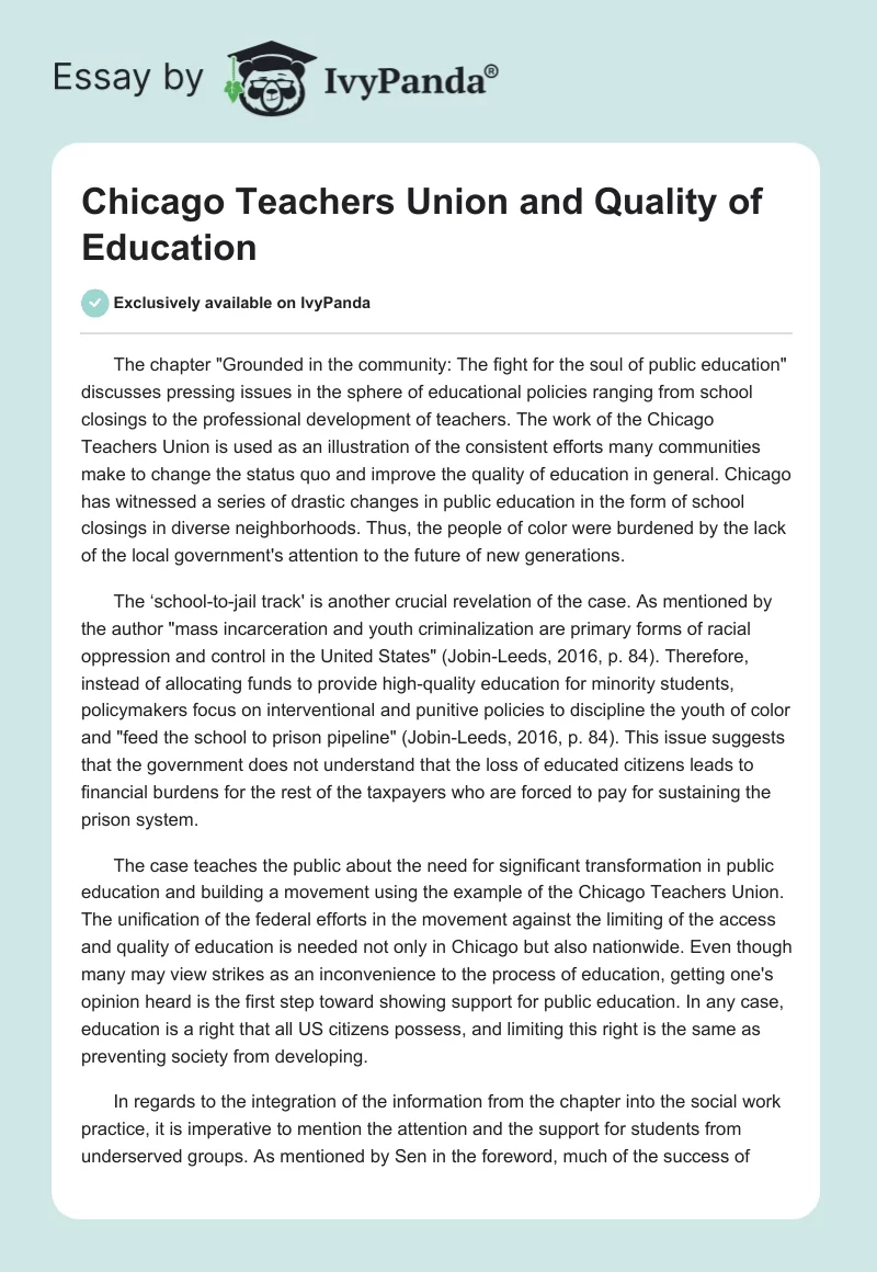 Chicago Teachers Union and Quality of Education. Page 1
