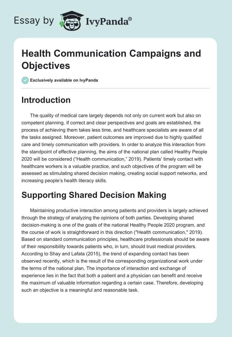 Health Communication Campaigns and Objectives. Page 1