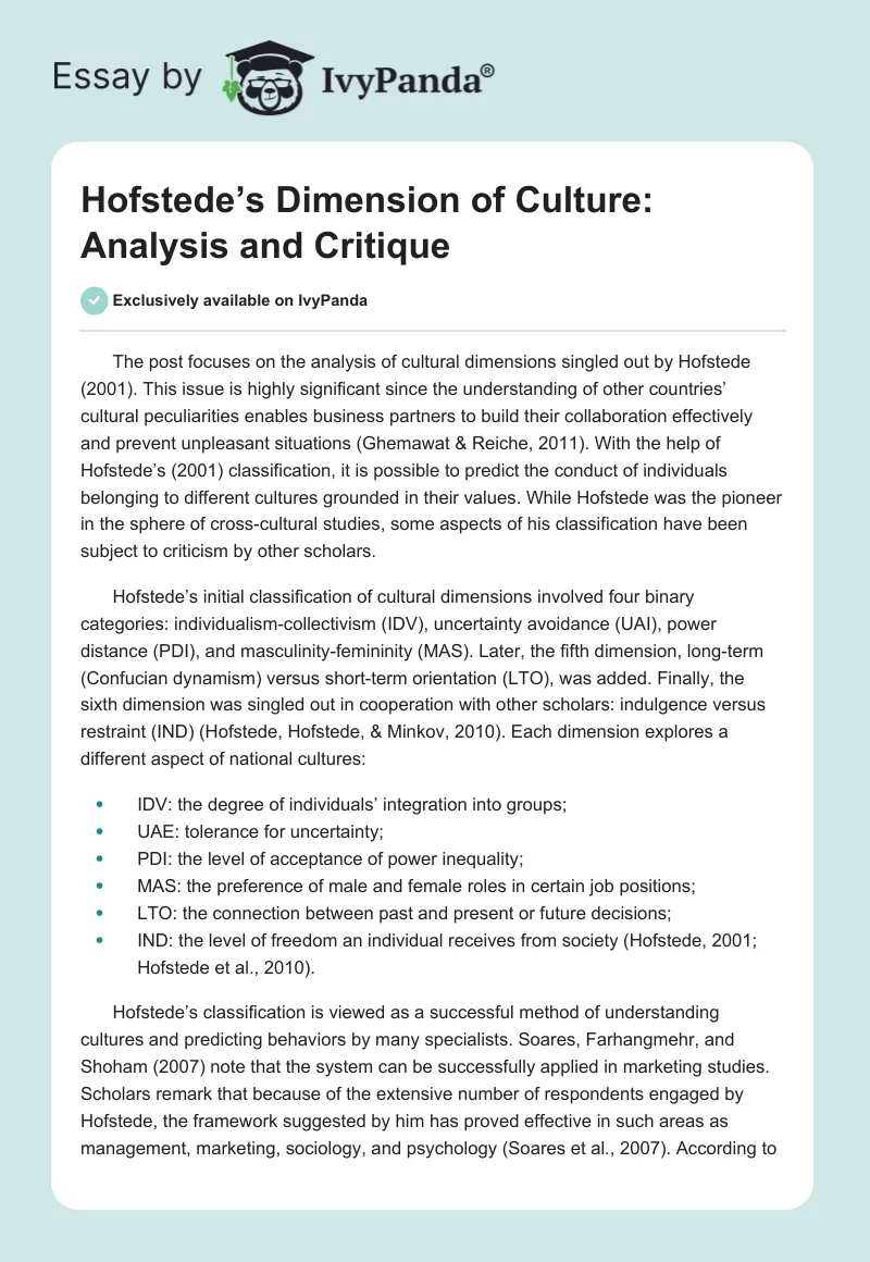 Hofstede’s Dimension of Culture: Analysis and Critique. Page 1