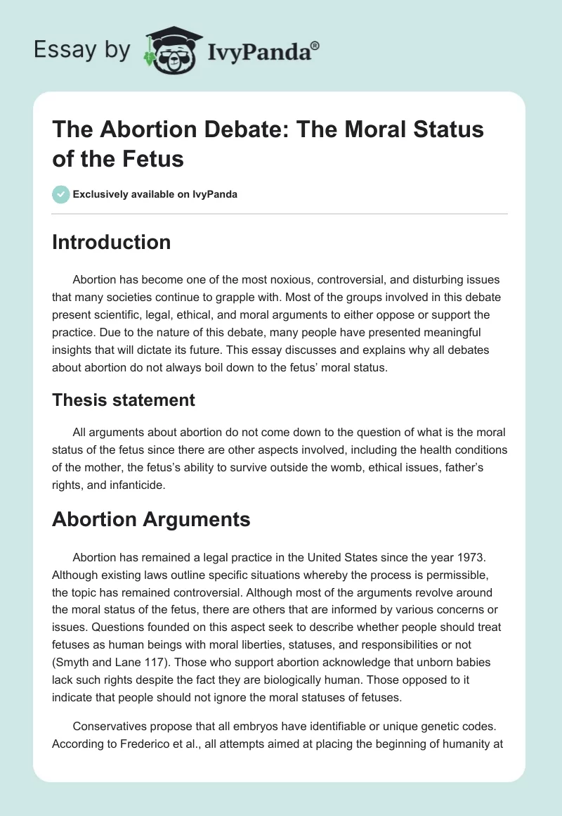 The Abortion Debate: The Moral Status of the Fetus. Page 1